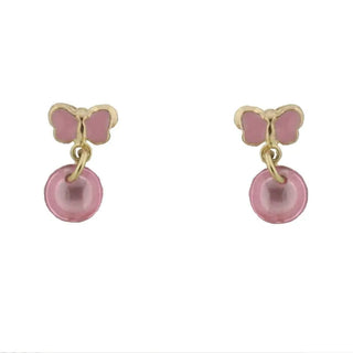 18K Solid Yellow Gold Pink Enamel Butterfly with Pink Crystal Dangle Covered Screwback Earrings , Amalia Jewelry