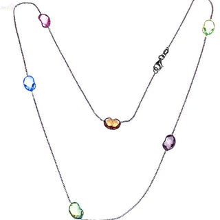 18K Solid White Gold Multi Colored Gemstones Necklace