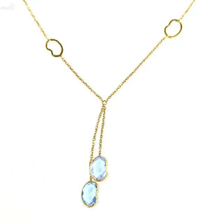 18K Solid Yellow Gold Faceted Blue Topaz Bean Necklace