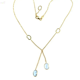 18K Solid Yellow Gold Faceted Blue Topaz Bean Necklace