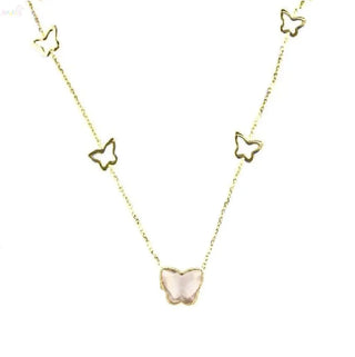 18K Solid Yellow Gold Faceted Pink Quartz Butterfly Necklace