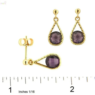 18Kt Yellow Gold Round Faceted Amethyst Drop Dangle Post Earrings (16mm X 6mm) 0.60 inch