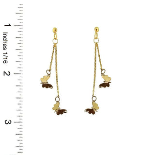 18K Solid Yellow Gold Long Dangle Butterfly Earrings with a ruler