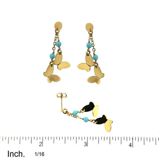 18K Yellow Gold Butterflies and Turquoises Dangle Earrings