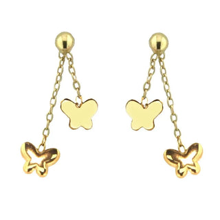 18K Solid Yellow Gold Polished Butterflies Dangle Post Earrings