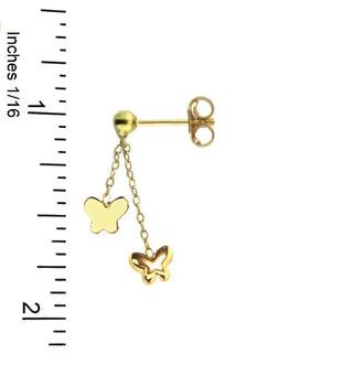 18K Solid Yellow Gold Polished Butterflies Dangle Post Earrings with a ruler