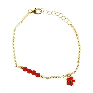 18K Solid Yellow Gold Dangling Enamel Red Flower and Coral Beads Bracelet. , Amalia Jewelry