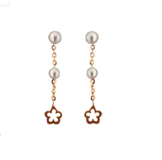 18K Solid Rose Gold Double Pearl Dangle Flower Earrings