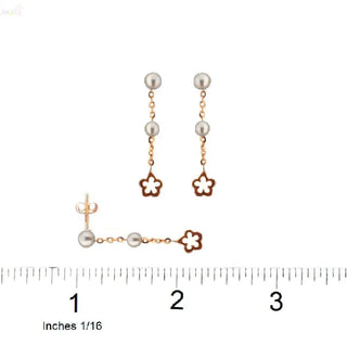 18K Solid Rose Gold Double Pearl Dangle Flower Earrings