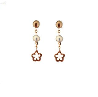 18K Solid Rose Gold Pearl and Ball Dangle Flower Earrings (Copy)