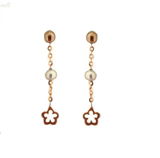 18K Rose Gold Pearl Post with 1inch Dangle Flower Earring