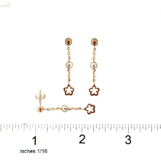 18K Rose Gold Pearl Post with 1inch Dangle Flower Earring