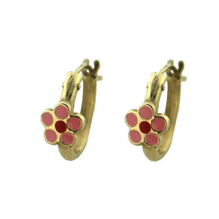 18k Solid Yellow Gold Pink and Red Center Flower Hoop Earrings , Amalia Jewelry