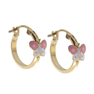 18k Solid Yellow Gold Pink and Red  or Pink and White enamel Butterfly Hoop Harrings