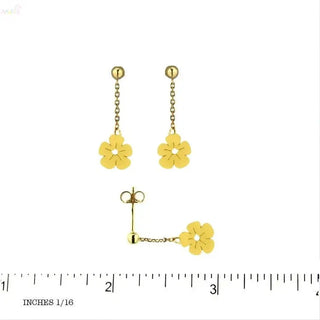 18K Solid Yellow Gold Flower Dangling Post Earrings