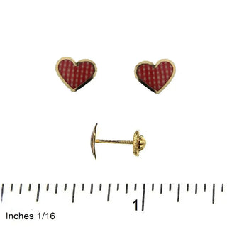 18K Solid Yellow Gold Red Square Enamel Print Heart Covered Screwback earrings , Amalia Jewelry