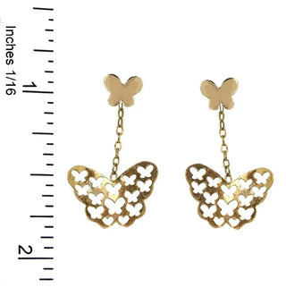 18K Solid Yellow Gold Cut Out Butterfly Dangle Earrings with a ruler