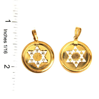 18K Solid Yellow Gold Star of David Cut-Out Medal Pendant Front and back view with ruler