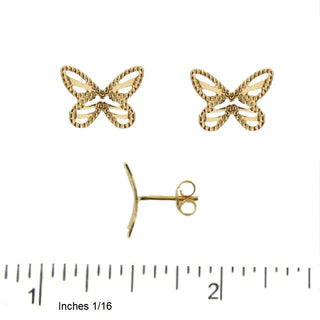 18K Solid Yellow Gold open Butterfly Post Earrings with a ruler