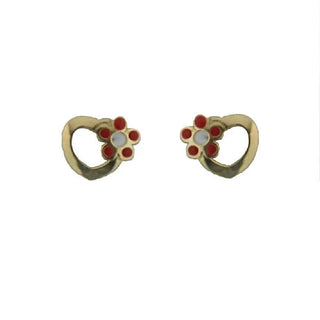 18K Solid Yellow Solid Gold Small Open Heart with Red and White Enamel Flower Covered Screwback Earrings , Amalia Jewelry