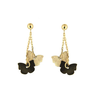 18K Solid Yellow Gold Double Butterfly Dangle Post Earrings