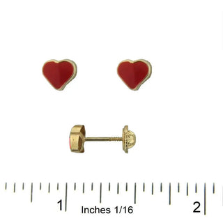 18K Solid Yellow Gold Red Enamel Heart Covered Screwback Earrings Amalia Jewelry