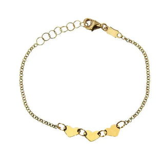 18K Solid Yellow Gold Polished Three Flat Hearts Bracelet