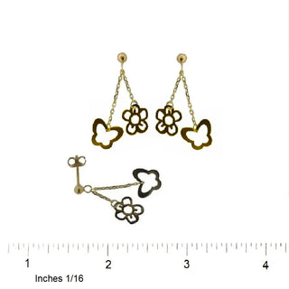 18K Yellow Gold  Open  cut Butterfly and Flower Dangle Earrings 1 inch L