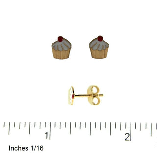 18K Solid Yellow Gold White Enamel Cupcake Post Earrings Amalia Jewelry