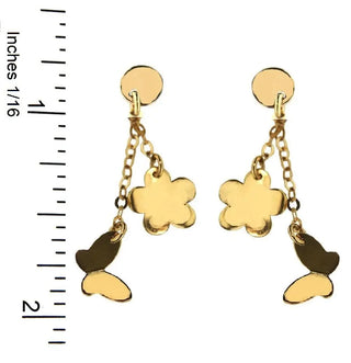 18k Solid Yellow Gold Butterfly and Flower Dangle Earings with a ruler