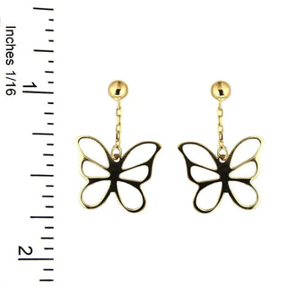 18K Solid Yellow Gold Dangle Open Butterfly Post Earrings with a ruler