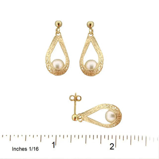 18K Solid Yellow Gold Open Tear Shape  Pearl Filigree Earrings