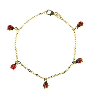18K Solid Yellow Gold Dangling Red Enamel Ladybugs Bracelet 7 inches , Amalia Jewelry