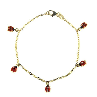18K Solid Yellow Gold Dangling Red Enamel Ladybugs Bracelet Amalia Jewelry