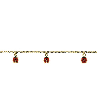 18K Solid Yellow Gold Dangling Red Enamel Ladybugs Bracelet Amalia Jewelry