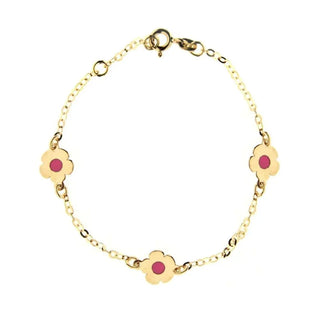 18K Solid Yellow Gold Pink Enamel Polished Flower Bracelet