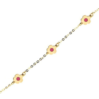 18K Solid Yellow Gold Pink Enamel Polished Flower Bracelet