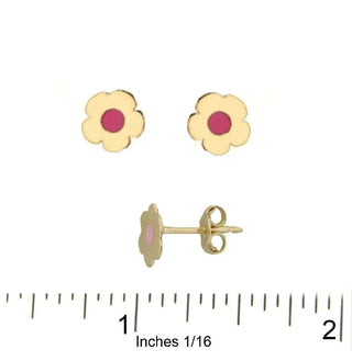 18K Solid Yellow Gold Pink Enamel Flower Post Earrings
