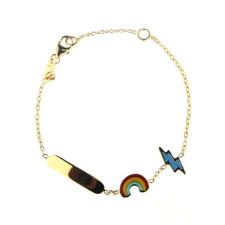 18K Solid Yellow Gold Enamel Rainbow and Lightning Bolt Weather Id Bracelet , Amalia Jewelry