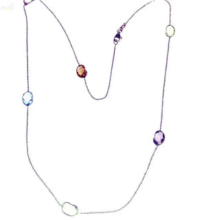 18K Solid White Gold Multi Colored Gemstones Necklace