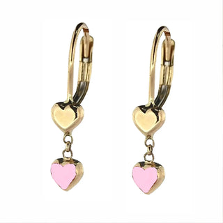 18K Solid Yellow Gold Pink Enamel Heart Lever Back Earrings