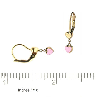 18K Solid Yellow Gold Pink Enamel Heart Lever Back Earrings