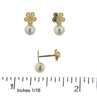 18K Solid Yellow Gold Flower with Pearl Covered Screwback Earrings Amalia Jewelry