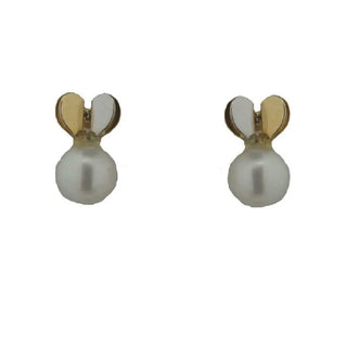 18K Solid Two Toned Heart with cultivated Pearl Covered Screwback Earrings. Amalia Jewelry