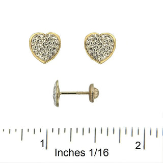 18K Solid Yellow Gold Cubic Zirconia Pave Heart Screwback Earrings