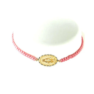 18K Gold Miraculous Medal & Pink Macrame adjustable Bracelet side view
