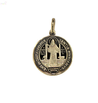 18k Solid Yellow Gold Blackened Saint Bendict Medal 14mm