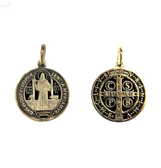 18k Solid Yellow Gold Blackened Saint Bendict Medal 14mm