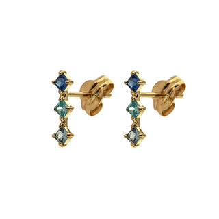 18K Solid Yellow Gold Small Dark Blue, Turquoise, and Baby Blue Zirconia Line Post Earrings , Amalia Jewelry