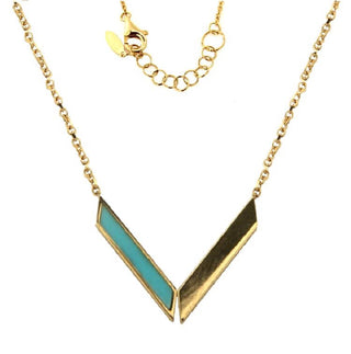 18K Solid Yellow Gold Modern V shape Polished and Turquoise Necklace , Amalia Jewelry